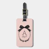 Étiquette À Bagage Monogramme Rose Pâle Ruban Noir Initiales Modernes (Devant Vertical)
