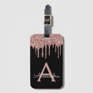 Étiquette À Bagage Monogramme rose Parties scintillant noire en or