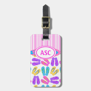 Étiquette À Bagage Monogramme rose tongs colorés et planche de surf
