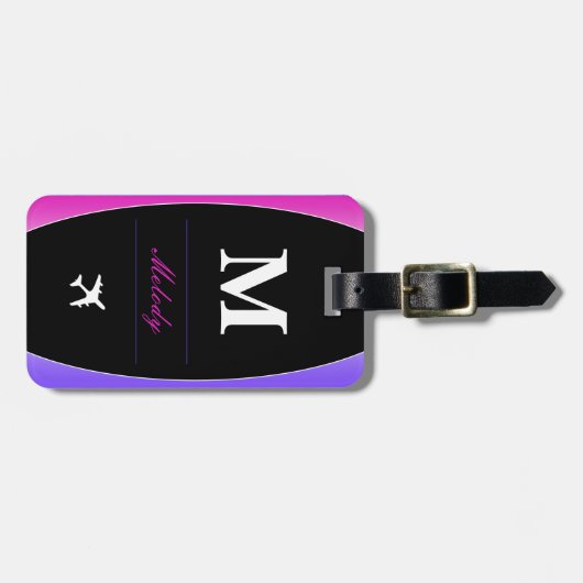 Étiquette À Bagage Monogramme rose violet et noir (Devant horizontal)
