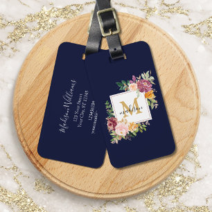 Étiquette À Bagage Monogramme Roses Fleur Floral Aquarelle Coloré
