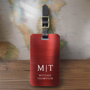 Étiquette À Bagage Monogramme Rouge brossé métal élégant