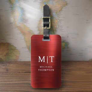 Étiquette À Bagage Monogramme Rouge brossé métal élégant