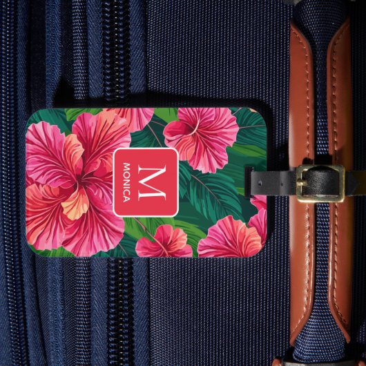 Étiquette À Bagage Monogramme rouge Feuille de palmier hibiscus de Ha (Insitu Rectoal 4)