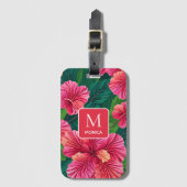Étiquette À Bagage Monogramme rouge Feuille de palmier hibiscus de Ha (Devant Vertical)