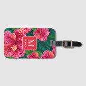 Étiquette À Bagage Monogramme rouge Feuille de palmier hibiscus de Ha (Devant Horizontal)