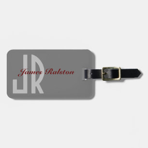 Étiquette À Bagage Monogramme rouge foncé et gris, personnalisation