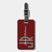 Étiquette À Bagage Monogramme rouge foncé, gris et blanc, personnalis (Devant Vertical)