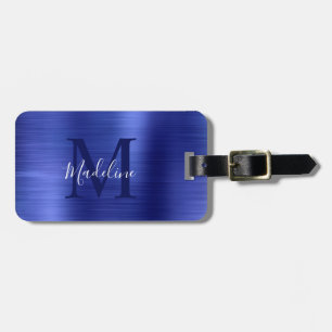 Étiquette À Bagage Monogramme Royal bleu métallique simple brossé