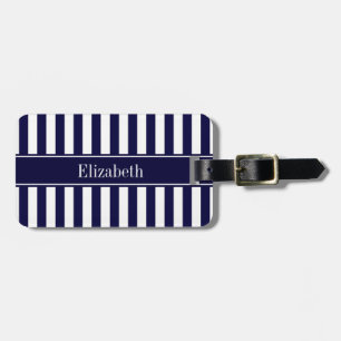 Étiquette À Bagage Monogramme Ruban Bleu Marine Rayure Blanc