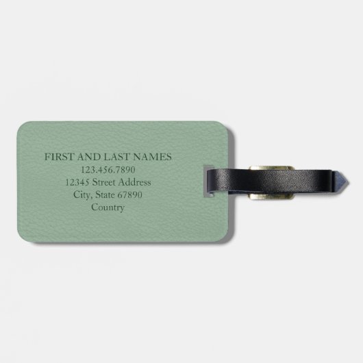 Étiquette À Bagage Monogramme Sage Vert Imprimé Cuir Art Personnalisé (Dos horizontal)