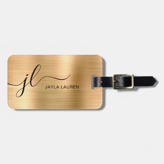 Étiquette À Bagage Monogramme Script Faux Gold Metal Steel (Devant horizontal)