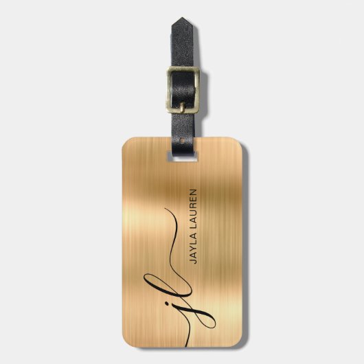 Étiquette À Bagage Monogramme Script Faux Gold Metal Steel (Devant Vertical)