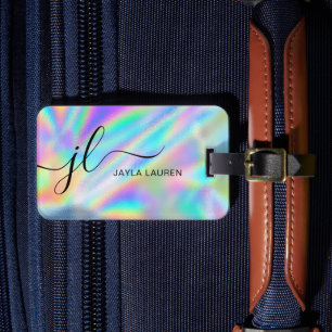 Étiquette À Bagage Monogramme Script Faux Holographique Arc-en-ciel