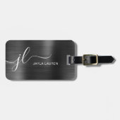 Étiquette À Bagage Monogramme Script Gris noir Faux métal acier (Devant horizontal)