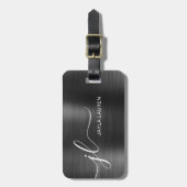 Étiquette À Bagage Monogramme Script Gris noir Faux métal acier (Devant Vertical)