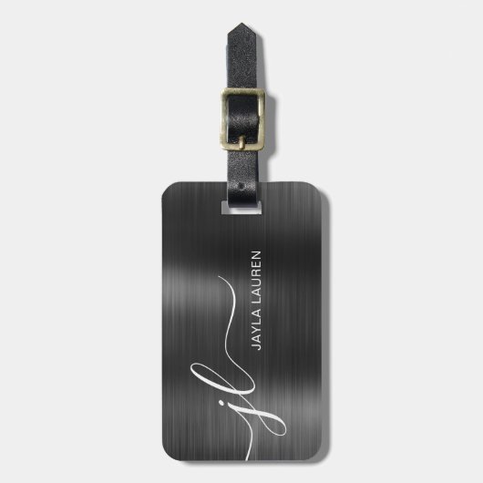 Étiquette À Bagage Monogramme Script Gris noir Faux métal acier (Devant Vertical)