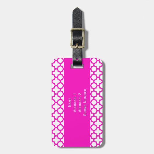 Étiquette À Bagage Monogramme Shocking rose Quatrefoil Motif (Devant Vertical)