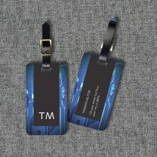 Étiquette À Bagage Monogramme simple de carte de circuit imprimé bleu