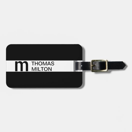 Étiquette À Bagage Monogramme simple en noir blanc (Devant horizontal)