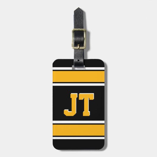 Étiquette À Bagage Monogramme Strips de sport noir et or (Devant Vertical)