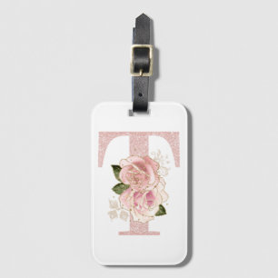 Étiquette À Bagage Monogramme T floral pailleté rose pâle féminin