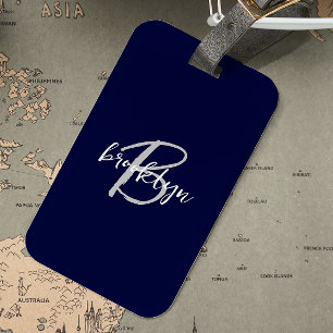 Étiquette À Bagage Monogramme tendance bleu marine gris blanc 