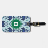 Étiquette À Bagage Monogramme tribal de motif d'ikat vert-bleu modern (Devant horizontal)
