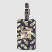 Étiquette À Bagage Monogramme Tropical Ananas Girly Gold Navy (Devant Vertical)