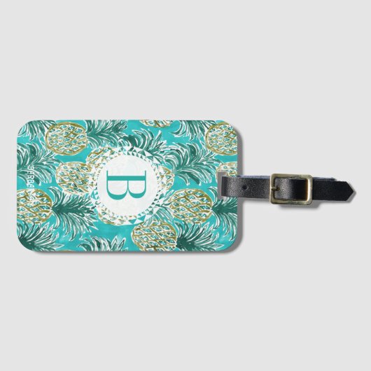 Étiquette À Bagage Monogramme tropical d'aquarelle HEURE d'ANANAS (Devant Horizontal)