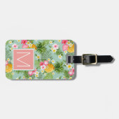 Étiquette À Bagage Monogramme tropical de fleurs et d'ananas | (Devant horizontal)