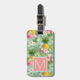 Étiquette À Bagage Monogramme tropical de fleurs et d'ananas  