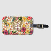 Étiquette À Bagage Monogramme Tropical Rouge Jaune Hibiscus Fleurs (Devant Horizontal)