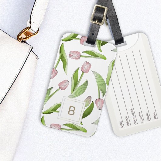 Étiquette À Bagage Monogramme Tulipe Rose Moderne