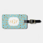 Étiquette À Bagage Monogramme Turquoise Blue et Gold Parties scintill (Devant horizontal)