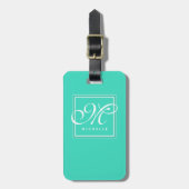 Étiquette À Bagage Monogramme Turquoise classique vert et blanc (Devant Vertical)