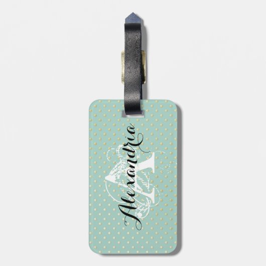 Étiquette À Bagage Monogramme turquoise de points d'or (Dos Vertical)