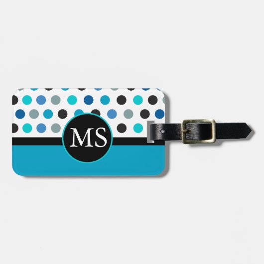 Étiquette À Bagage Monogramme turquoise de rayures de pois (Devant horizontal)