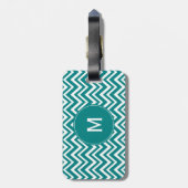 Étiquette À Bagage Monogramme Turquoise et blanc Motif Chevron (Dos Vertical)