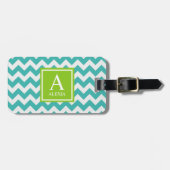 Étiquette À Bagage Monogramme Turquoise et Lime Chevron Imprimer (Devant horizontal)