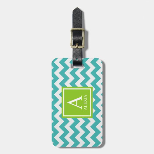 Étiquette À Bagage Monogramme Turquoise et Lime Chevron Imprimer (Devant Vertical)