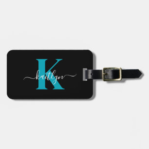 Étiquette À Bagage Monogramme Turquoise noir moderne