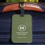 Étiquette À Bagage Monogramme typographique classique minimal d'olive<br><div class="desc">Un design vertical professionnel dans le style moderne avec un emblème de monogramme vert olive et blanc avec grand classique typographie de bloc monogramme initial avec nom et titre ci-dessous. Le texte peut être facilement customisé à l'aide des champs fournis.</div>