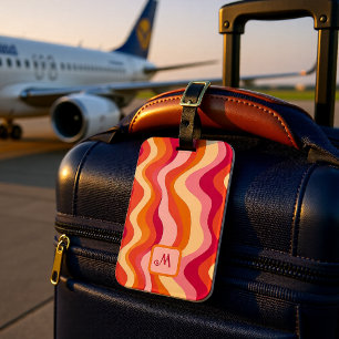 Étiquette À Bagage Monogramme Vagues Rétro Groovy Rose Personnalisé