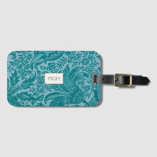 Étiquette À Bagage Monogramme végétal turquoise (Devant Horizontal)