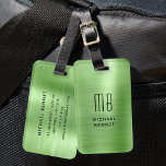Étiquette À Bagage Monogramme vert brossé métal<br><div class="desc">Tag de bagage en métal brossé personnalisé Monogramme vert Faux.</div>