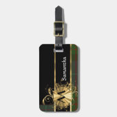 Étiquette À Bagage Monogramme vert de tartan et d'or (Devant Vertical)