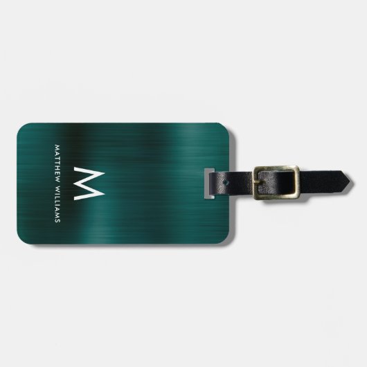 Étiquette À Bagage Monogramme Vert Faux Métal Acier Stylisé Personnal (Devant horizontal)