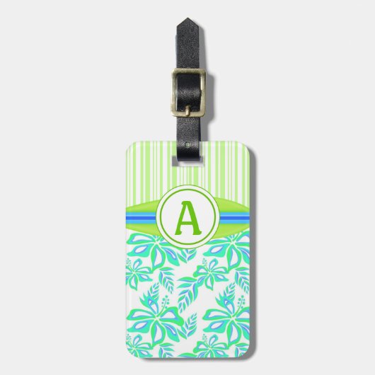 Étiquette À Bagage Monogramme vert Hibiscus Fleurs Plage tropicale (Devant Vertical)