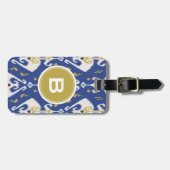 Étiquette À Bagage Monographie de motif tribal ikat bleu or moderne (Devant horizontal)